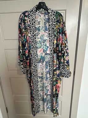 Johnny Was Floral and Leopard Trim Open Kimono in Black, White, Blue